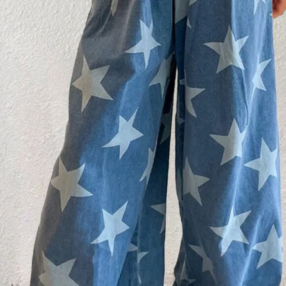 Star Square Neck Wide Leg Denim Overalls - Picture 3 of 3